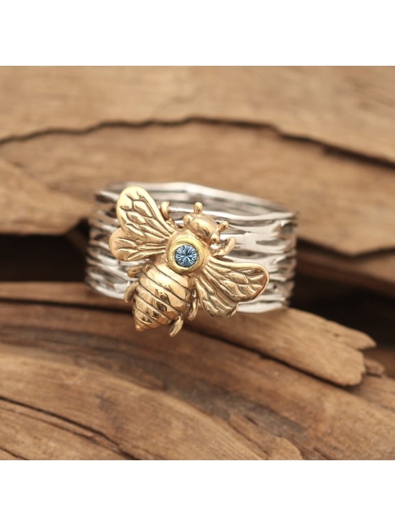 Two-Tone Gold & Silver Plated Bee Sculpture Shiny Simulated Blue Diamond Costume Ring for Women, Multi Layer Wide Band Decorative Fashion Ring 6