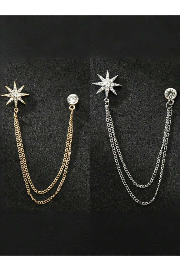 Two-Tone Gold and Silver Hexagonal Star Chained Lapel Pin Brooch With Crystal Accents