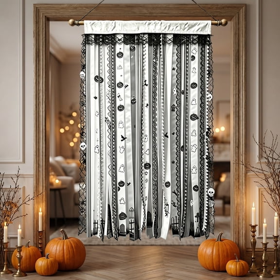 Two Tone Gothic Tassel Halloween Curtain Wall Hanging, Layered Flowing Drape Wrinkle Resistant Trimmable Reusable Backdrop, Sophisticated Dark Theme Decor for Party Entryway Window Home Layout