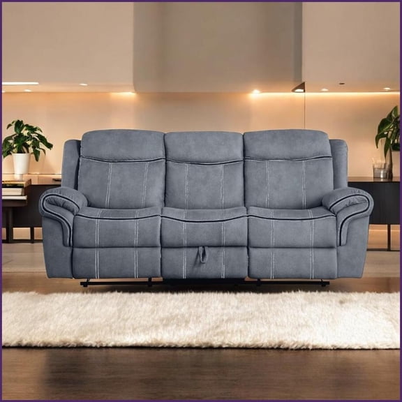 Two-Tone Gray Velvet 3-Seat Recliner Sofa Drop Down Table, USB Port | Gray | Velvet | Pillow Top Arms