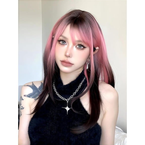 Two Tone Half Pink Half Black Long Straight Wig 65cm Blunt Bangs Kpop