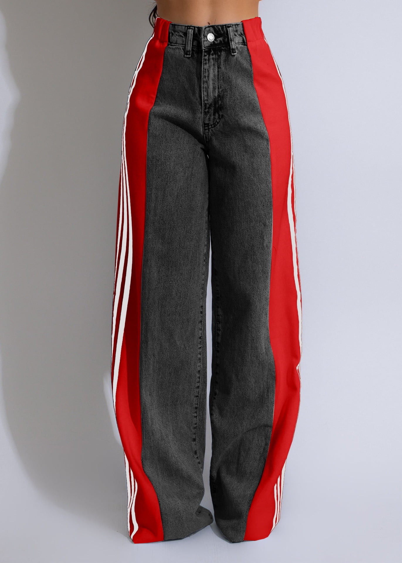 Two-Tone High-Waisted Wide-Leg Jeans with Striped Side