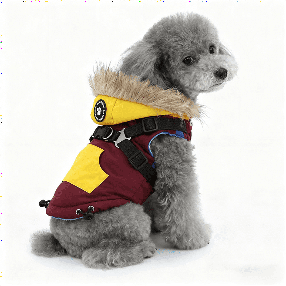 Two-Tone Hooded Dog Jacket, Color-Block Zip-Up Harness Coat with Leash Clip, Warm Padded Winter Apparel for Small Medium Dogs brown M 6.6-8.8 lbs