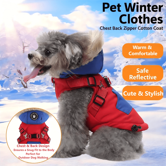 Two-Tone Hooded Dog Jacket, Color-Block Zip-Up Harness Coat with Leash Clip, Warm Padded Winter Apparel for Small Medium Dogs red M 6.6-8.8 lbs