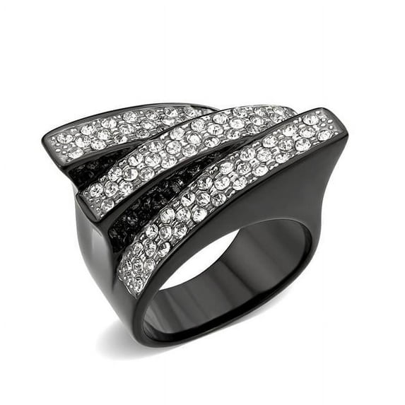 Two Tone IP Black Ion Plating Stainless Steel Ring with Top Grade Crystal, Clear - Size 8