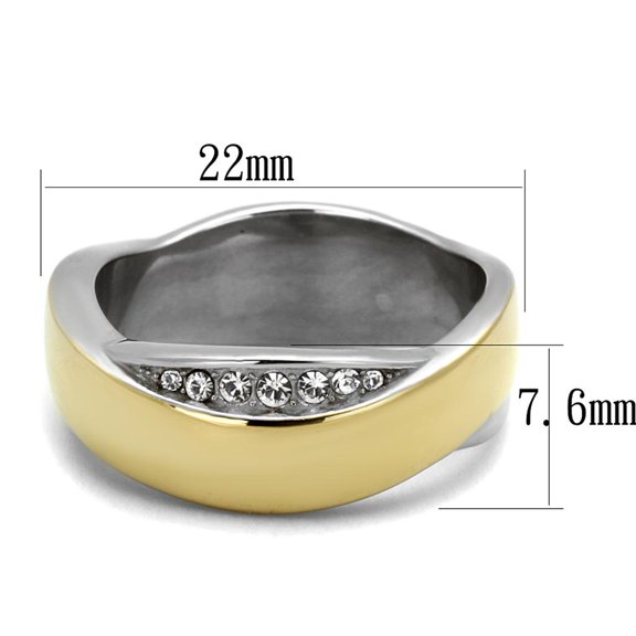 Two-Tone IP Gold (Ion Plating) Stainless Steel Ring with Top Grade Crystal in Clear for Women Clear Stone Color Style TK2264 Size 5