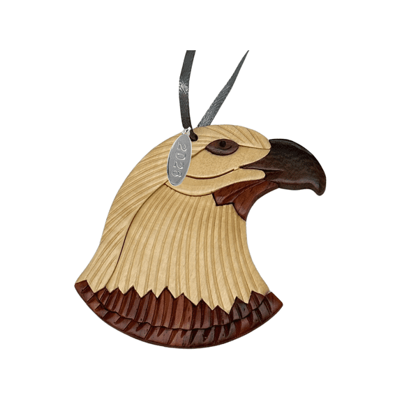 Two-Tone Intarsia Wood Bald Eagle Ornament - Handcrafted Solid Piece Finishing - Great Air Force Ornament, Bald Eagle Gifts for Men, or Eagle Scout Ornament - 3" Size - Comes in Gift Box