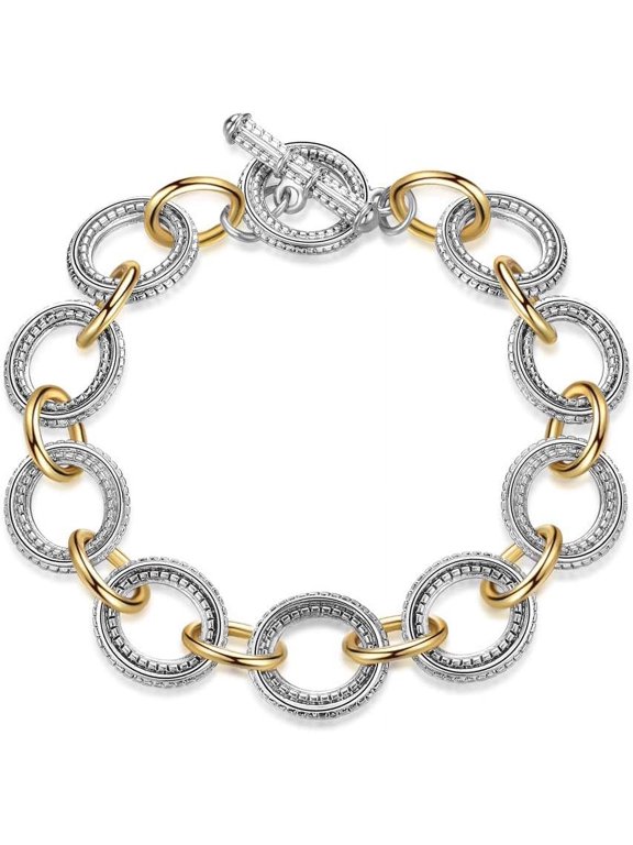 Two-Tone Interlocking Circle Toggle Clasp Bracelet, Paved Crystal Round Link Chain Bracelet, Gold Silver Mixed Color Fashion Wrist Jewelry for Women Daily Party