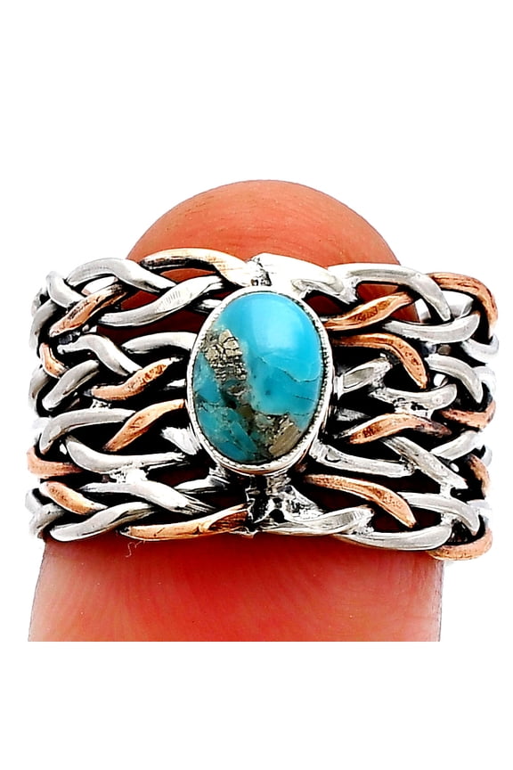 Two Tone - Kingman Turquoise With Pyrite 925 Silver Ring s.6.5 Jewelry R-1589 SDR229956