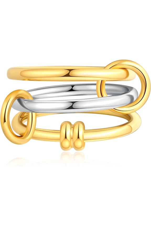 Two Tone Link Connected Rings Interlocking Ring Gold Silver Cubic Zirconia Statement Ring Maximalist Stacking Ring for women men lovers