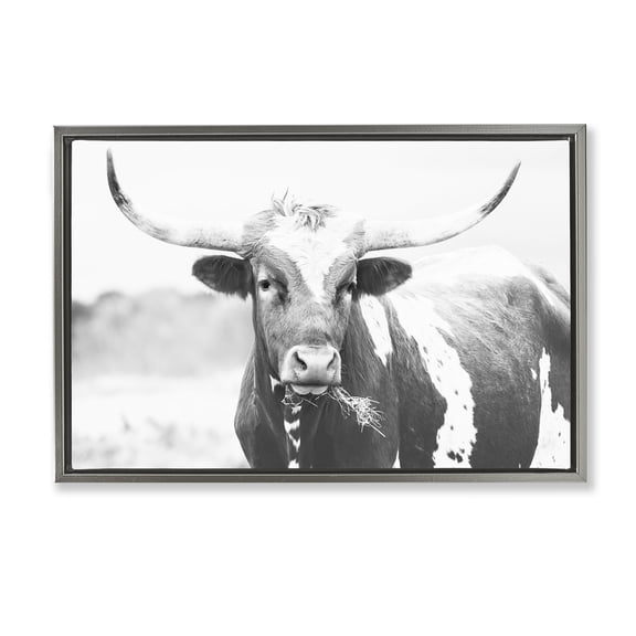 Stupell Industries Two Tone Longhorn Portrait Gray Framed Floater Canvas Wall Art, design by Sisi and Seb