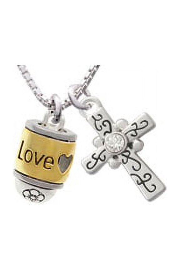 Two Tone Love Forever Spinner Scroll Cross Necklace, 18"+2"