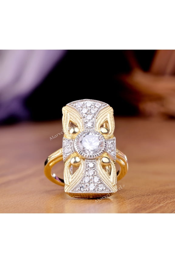 Two Tone Metal Ring, Elongated Rectangle Ring, Vintage Art Deco Diamond Engagement Ring, 14K Yellow Gold Plated Ring, 2.3 Ct Simulated Diamond, Gift For Mom