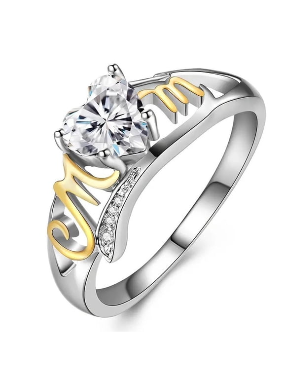 Two Tone Mom Heart Cubic Zirconia Ring for Women, Love Heart Solitaire Ring with Engraved Mom Letter, Mother's Day Jewelry Gift size 8