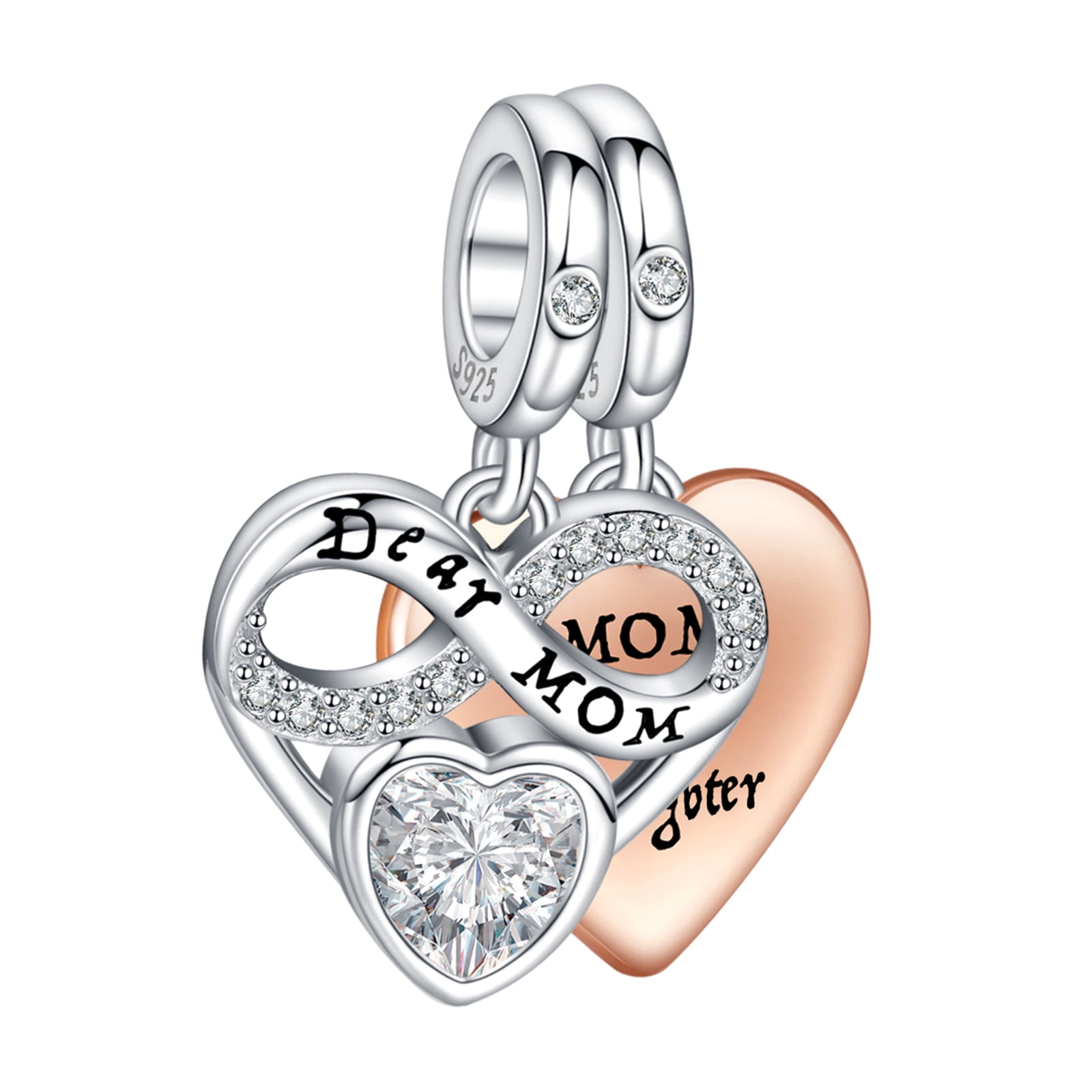 NINGAN Two Tone Mother & Daughter Double Pieces Dangle Heart Charm for Pandora Women 925 Sterling Silver Charm Bracelets