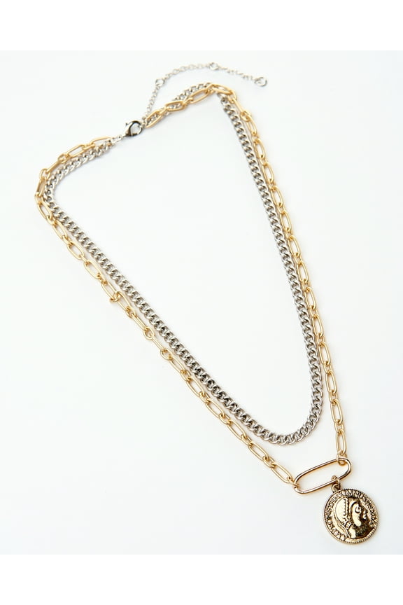Two Tone Multi Chain Necklace with Coin Drop Pendant