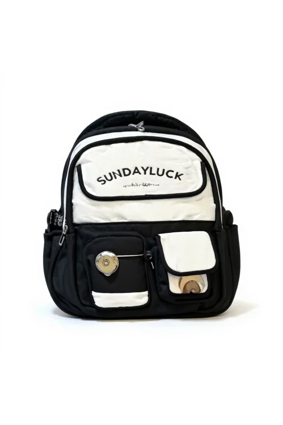 Two-Tone Multi-Pocket Backpack with Decorative Badge – Black, khaki, Red – 46×30×16 cm Stylish School & Travel Bag