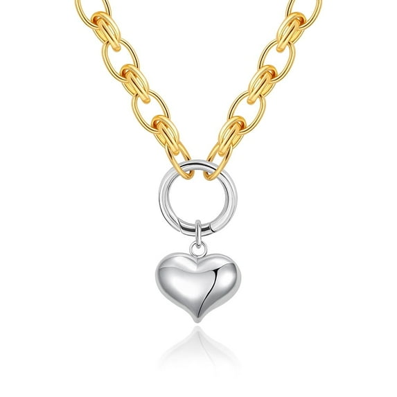 Aobei Pearl Two-Tone Necklace for Women Platinum Silver Puffy Love Heart Pendant 18K Gold Plated Chunky Oval Chain Link Choker Minimalist Layering Jewelry