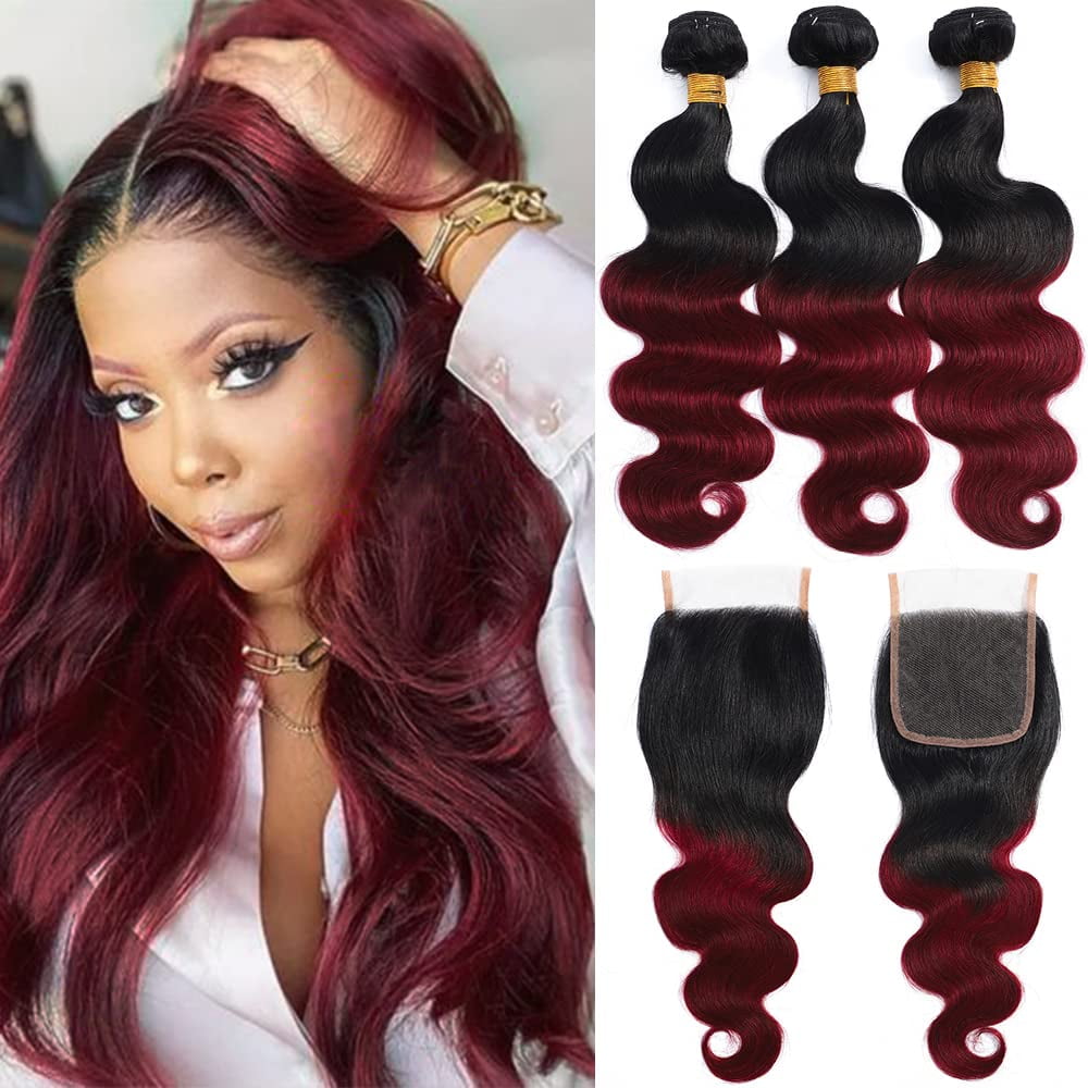 Two Tone Ombre 1B/99J Black to Burgundy Body Wave Hair with Free Part Lace Closure 100% Unprocessed Brazilian Remy Virgin Human Hair Bundles 24"26"28" with Closure 22"