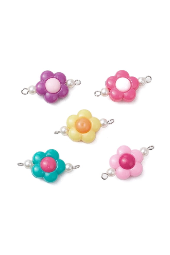 Two Tone Opaque Acrylic Glass Pearl Flower Connector Charms with 304 Stainless Steel Double Loops Mixed Color Stainless Steel Color