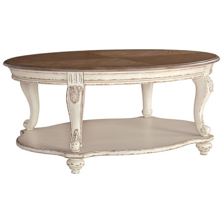 Two Tone Oval Cocktail Table with Bottom Shelf Antique White and Brown - Saltoro Sherpi