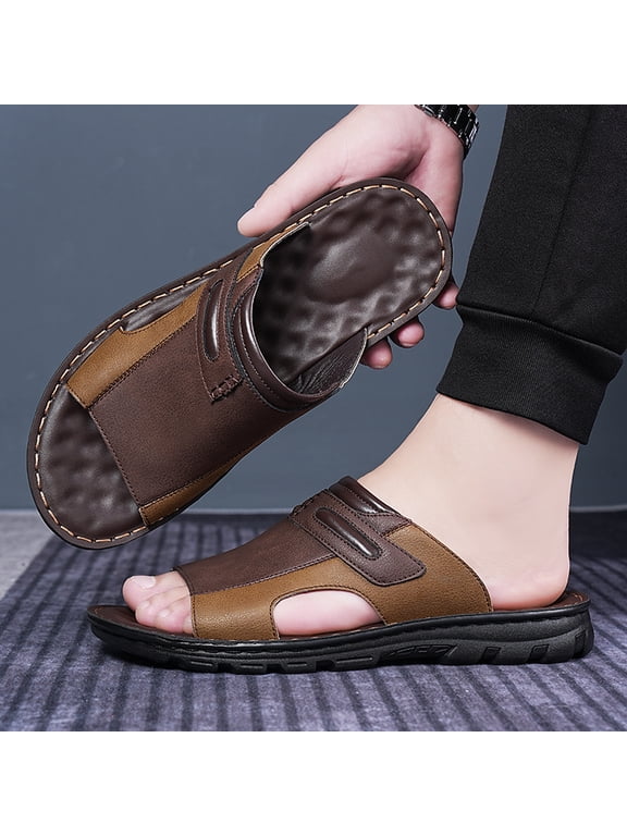 Two-Tone Patchwork Leather Massage Insole Slide Sandals for Men