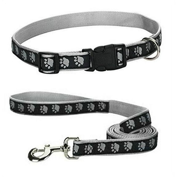 Two Tone Pawprint Matching Dog Collar & Leash Sets Stylish Paw Print Reinforced(Medium Black Combo - Collar & Lead)