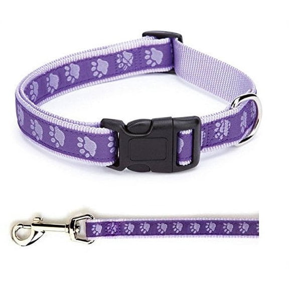 Two Tone Pawprint Matching Dog Collar & Leash Sets Stylish Paw Print Reinforced(xSmall Purple Combo - Collar & Lead)