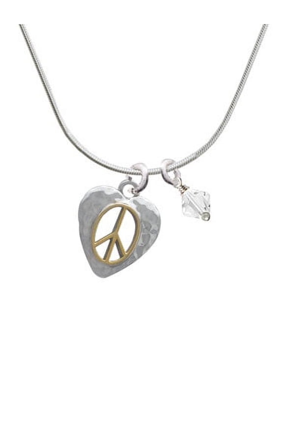 Two Tone Peace Sign inside Heart - Clear Bicone Crystal Necklace