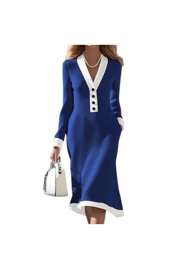 Two-Tone Pencil Dress, Elegant V-Neck Design for Corporate Settings, Sophisticated Career Dress for Presentations and Client Events Blue 2XL