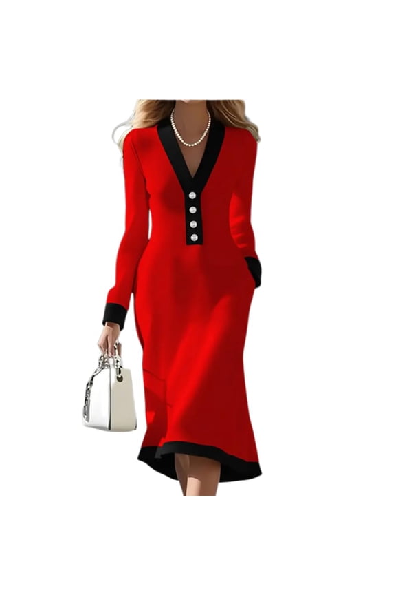 Two-Tone Pencil Dress, Elegant V-Neck Design for Corporate Settings, Sophisticated Career Dress for Presentations and Client Events Red L