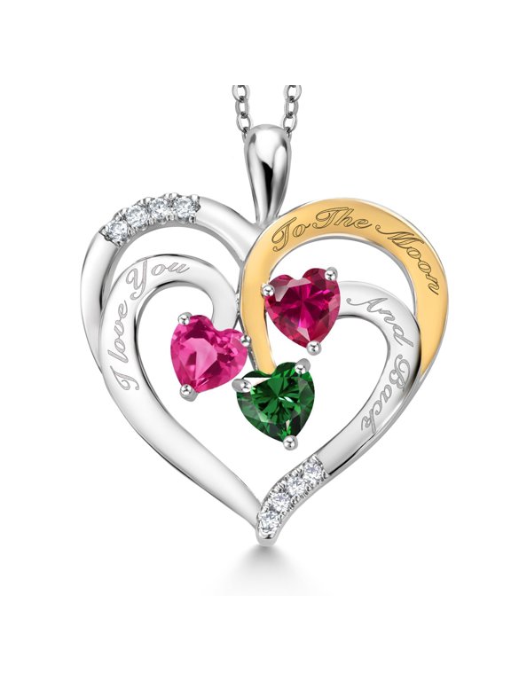 Two Tone Pink Created Sapphire Red Created Ruby Green Nano Emerald Created Moissanite `I love you to the moon and back` Engraved Pendant Necklace for Women (1.70 cttw, Heart Shape 5MM, 18 inch Chain)