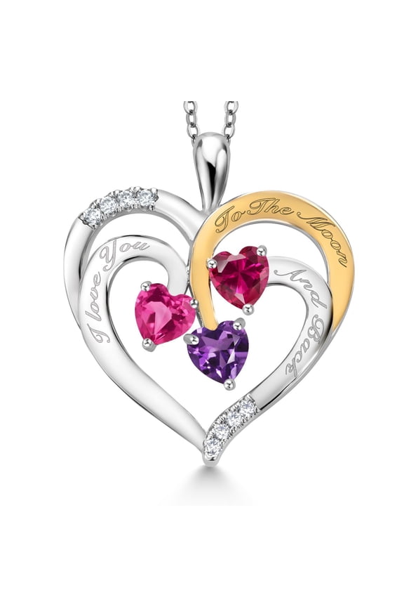 Two Tone Pink Created Sapphire Red Created Ruby Purple Amethyst Created Moissanite `I love you to the moon and back` Engraved Pendant Necklace for Women (1.62 cttw, Heart Shape 5MM, 18 inch Chain)