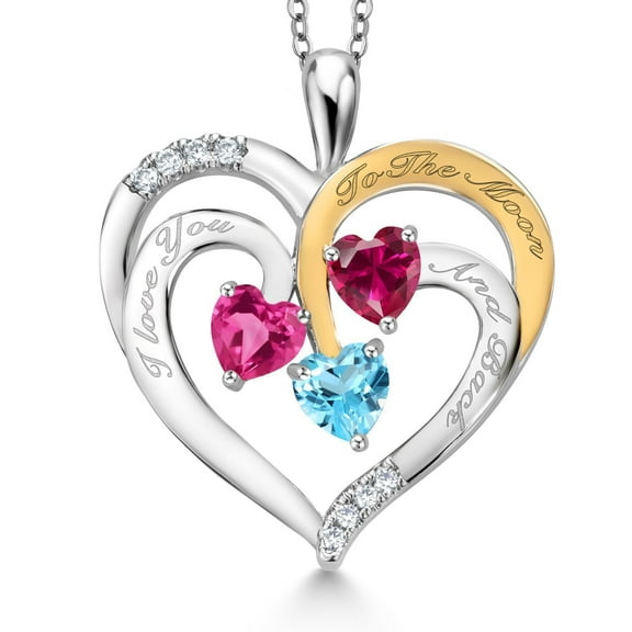 Two Tone Pink Created Sapphire Red Created Ruby Swiss Blue Topaz Created Moissanite `I love you to the moon and back` Engraved Pendant Necklace for Women (1.75 cttw, Heart Shape 5MM, 18 inch Chain)