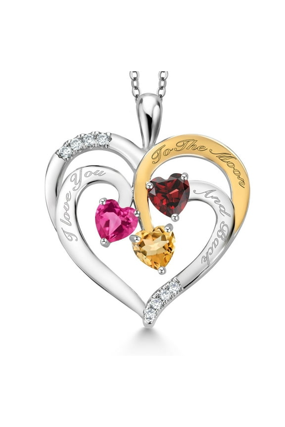 Two Tone Pink Created Sapphire Red Garnet Yellow Citrine Created Moissanite `I love you to the moon and back` Engraved Pendant Necklace for Women (1.66 cttw, Heart Shape 5MM, 18 inch Chain)