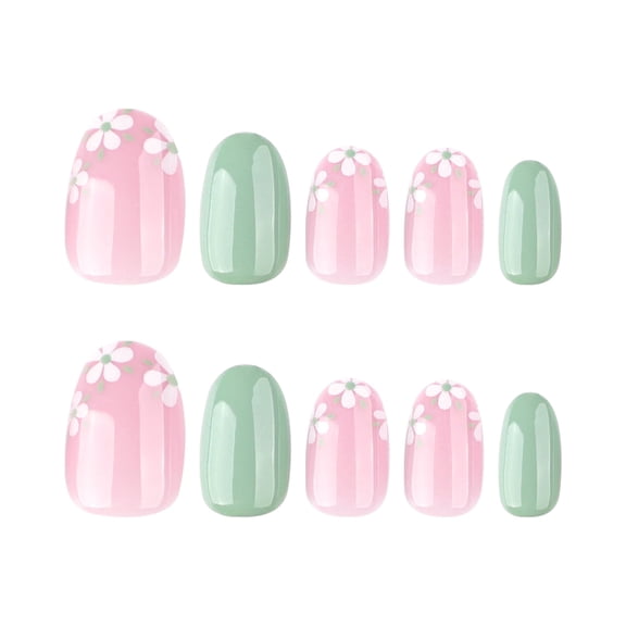 Two-Tone Pink and Light Green Floral Press on Nails, Short Round Glossy False Nails, 24 Count
