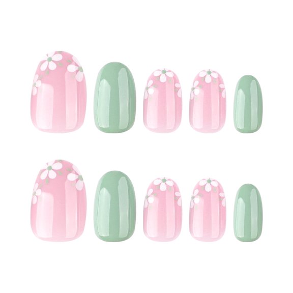 Two Tone Pink and Light Green Press on Nails Short Square Fake Nails with Glossy Finish Pink Full Cover Adhesive Press Ons Nail Art Tips Graceful Acrylic False Nails Press on Nail Set 24 Pcs