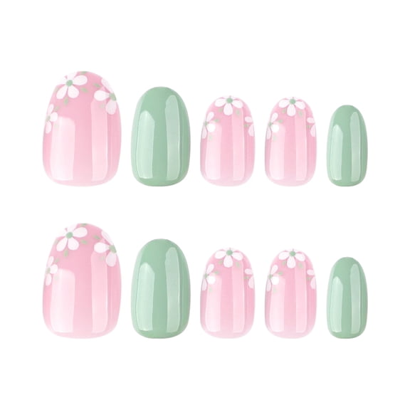 Two-Tone Pink and Light Green Floral Press on Nails, Short Round Glossy False Nails, 24 Count