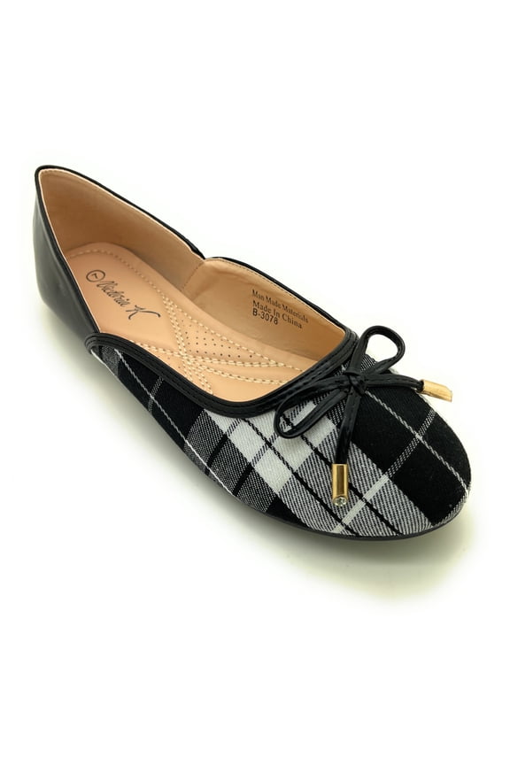 Two Tone Plaid with Solid Bow Ballerina Flats