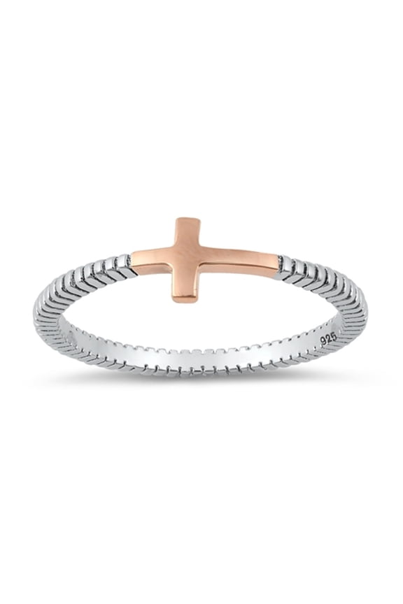 Two Tone Plated Sterling Silver Sideway Cross Ring Size 7