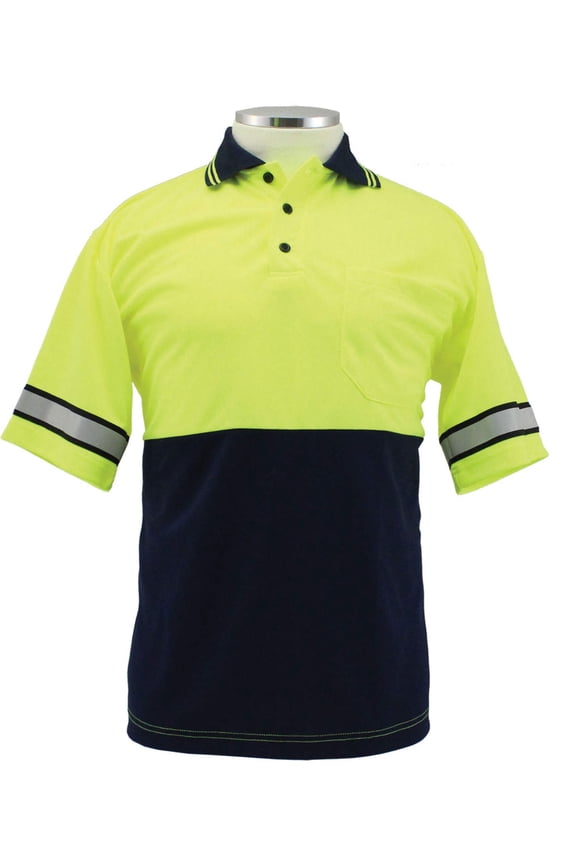 Two Tone Polyester Polo Shirt with Reflective Stripes Yellow/Navy Large