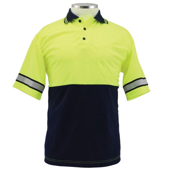 Two Tone Polyester Polo Shirt with Reflective Stripes Yellow/Navy Large