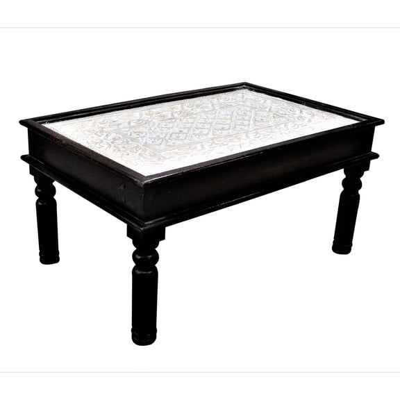 Two Tone Rectangle Coffee Table for Living Room | Hand Carved Glass Top Center Table | Repurposed Wooden Door Top Black Cocktail Furniture