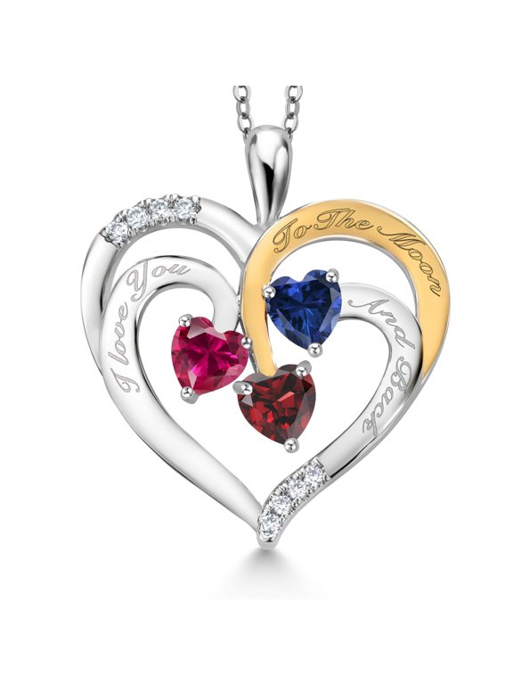 Two Tone Red Created Ruby Blue Created Sapphire Red Garnet Created Moissanite `I love you to the moon and back` Engraved Pendant Necklace for Women (1.70 cttw, Heart Shape 5MM, 18 inch Chain)