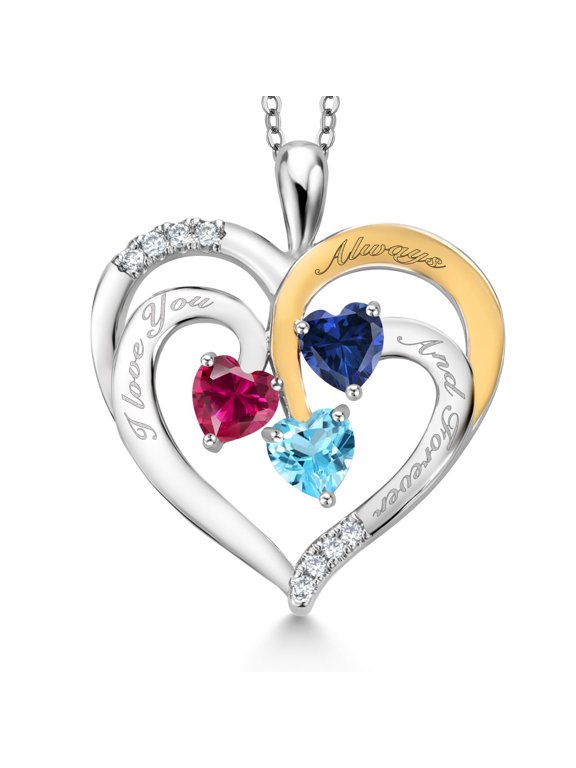 Two Tone Red Created Ruby Blue Created Sapphire Swiss Blue Topaz Created Moissanite `I love you always and forever` Engraved Pendant Necklace for Women (1.65 cttw, Heart Shape 5MM, 18 inch Chain)