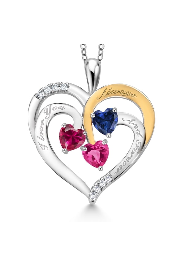 Two Tone Red Created Ruby Blue and Pink Created Sapphire Created Moissanite `I love you always and forever` Engraved Pendant Necklace for Women (1.70 cttw, Heart Shape 5MM, 18 inch Chain)