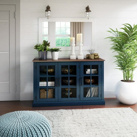 Twin Star Home 55" Two Tone Sideboard with Window Pane Glass Doors and Adjustable Shelves