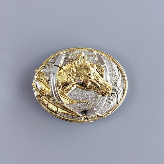 Bright Silver With Gold Horse Horseshoe Western Cowboy Cowgirl Boho Belt Buckle