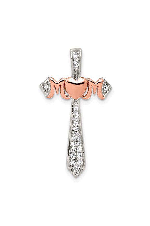 Two-Tone Silver and Rose Plated with Cubic Zirconia "Mom" Cross Pendant