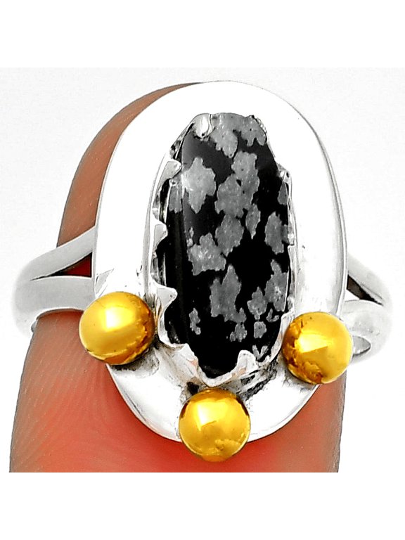Two Tone - Snow Flake Obsidian 925 Sterling Silver Ring s.7.5 Jewelry R-1503 SDR189977